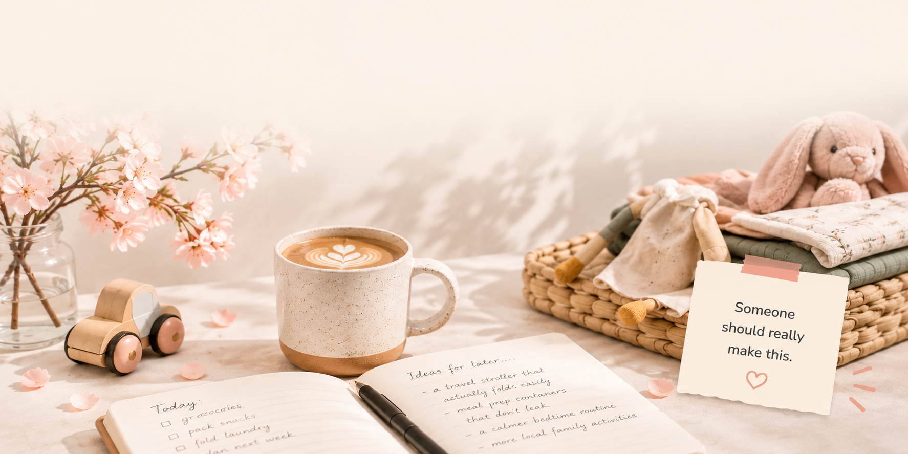 A warm coffee-shop table with a latte, notebook, wooden toy car and cherry blossoms